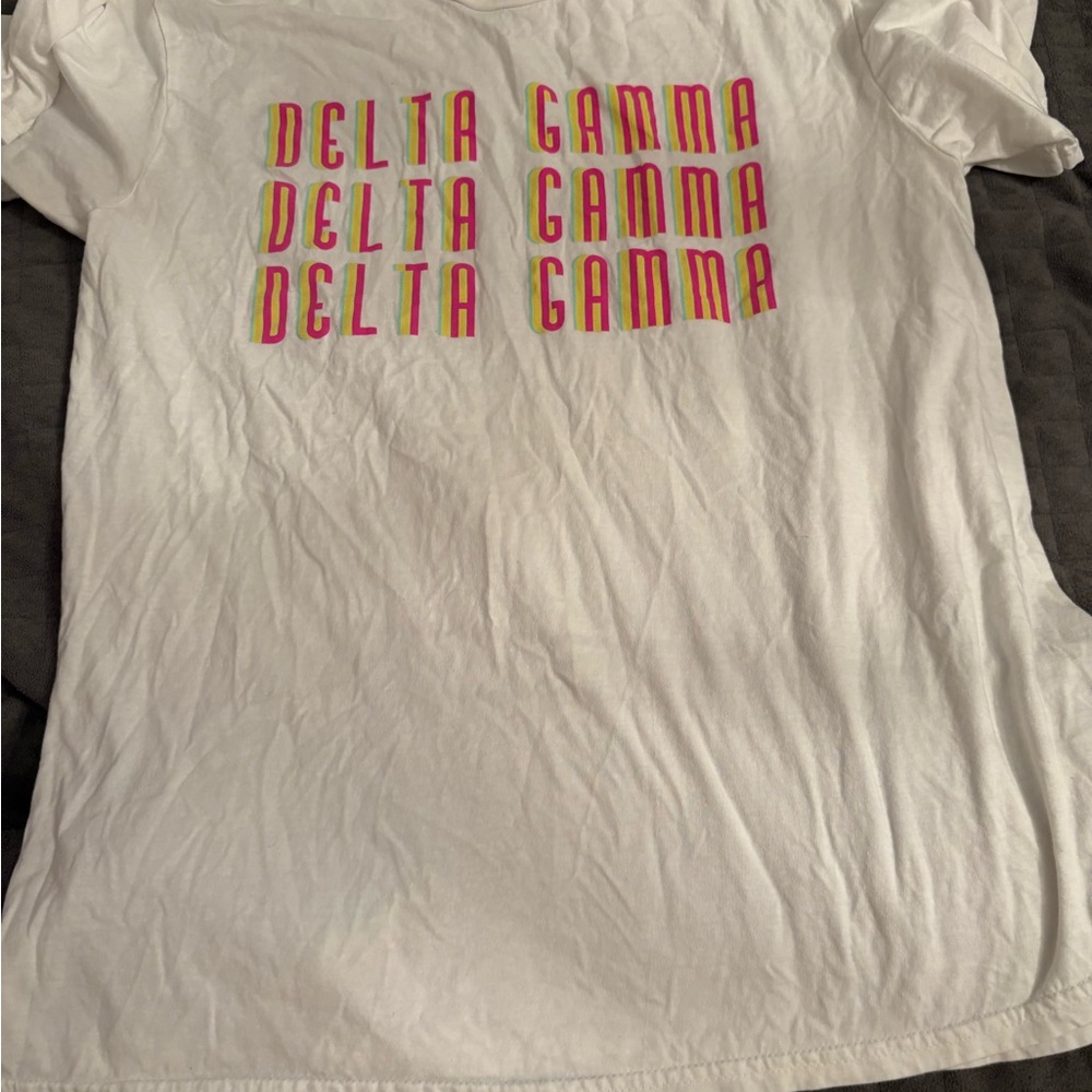 White Delta Gamma T-Shirt with Pink and Red Text